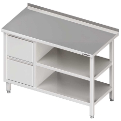 Stół przyścienny z blokiem dwóch szuflad (L),i 2-ma półkami 1700x600x850 mm